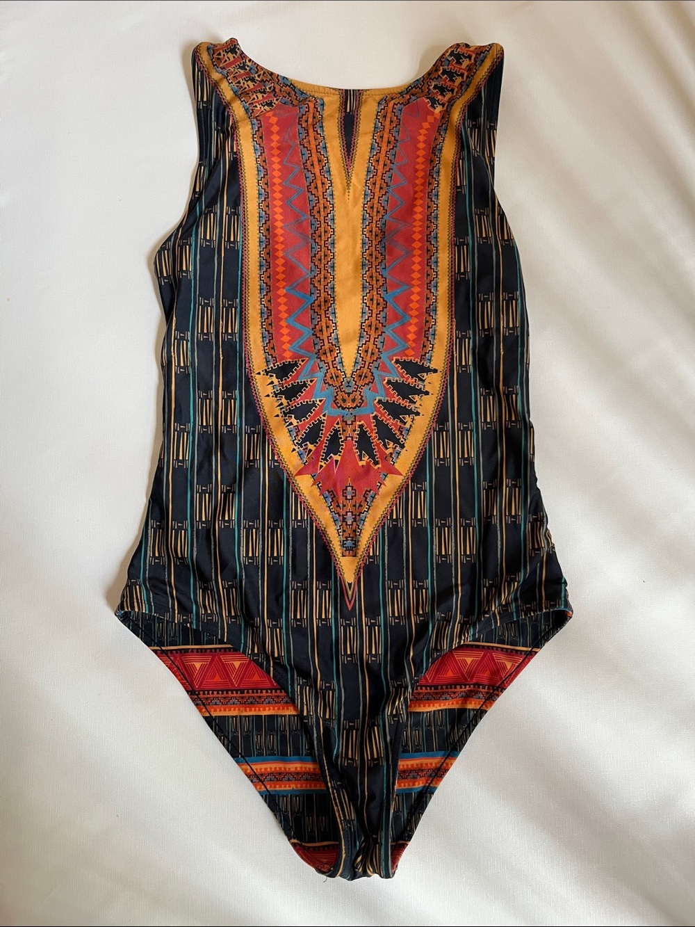 Tribal Print One-Piece Swimsuit in Black, Orange & Red